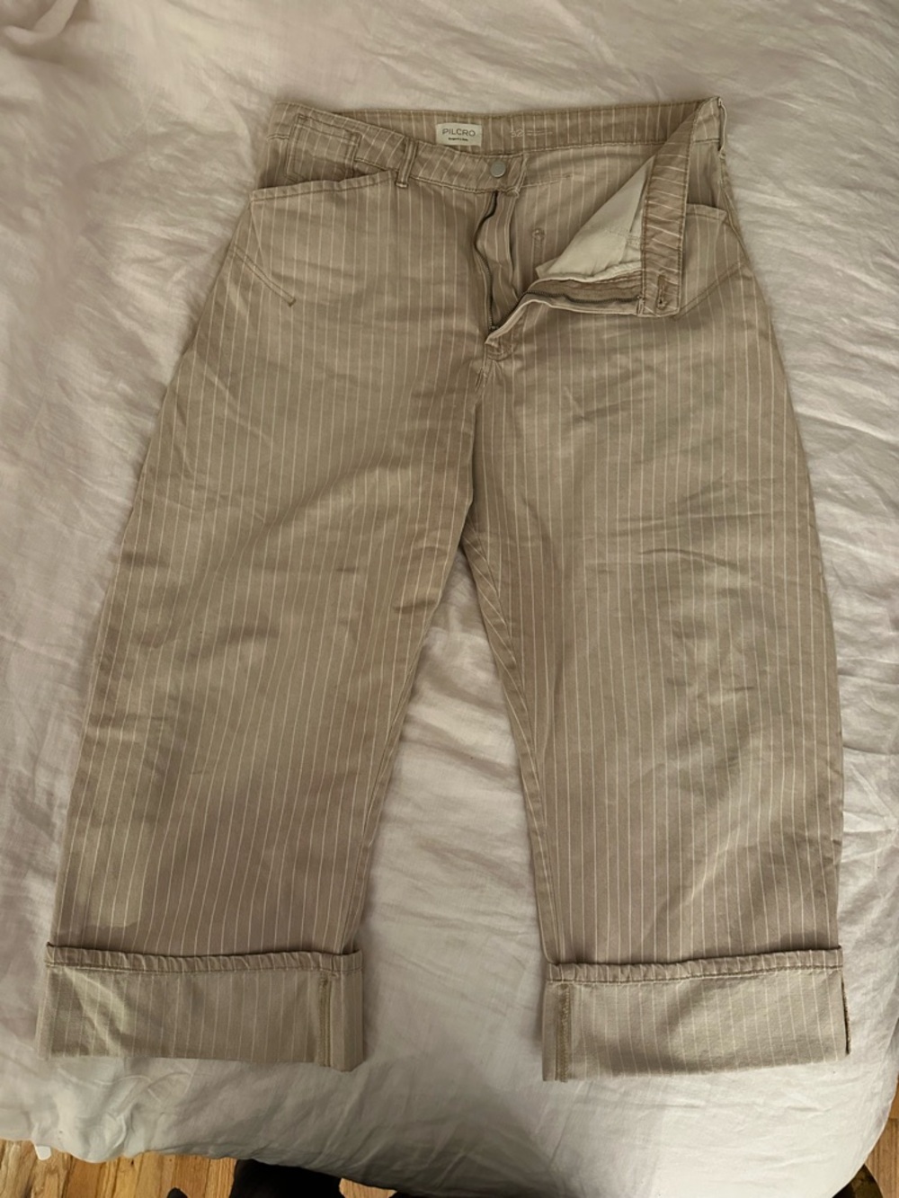 Pilcro Woman’s Barrel Pants Tan Pinstripe